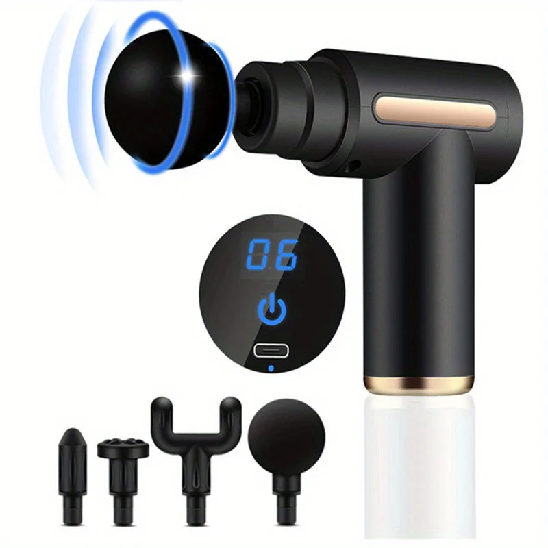 Mini pistola de masaje portátil – Masajeador de percusión con pantalla LED y 4 cabezales intercambiables