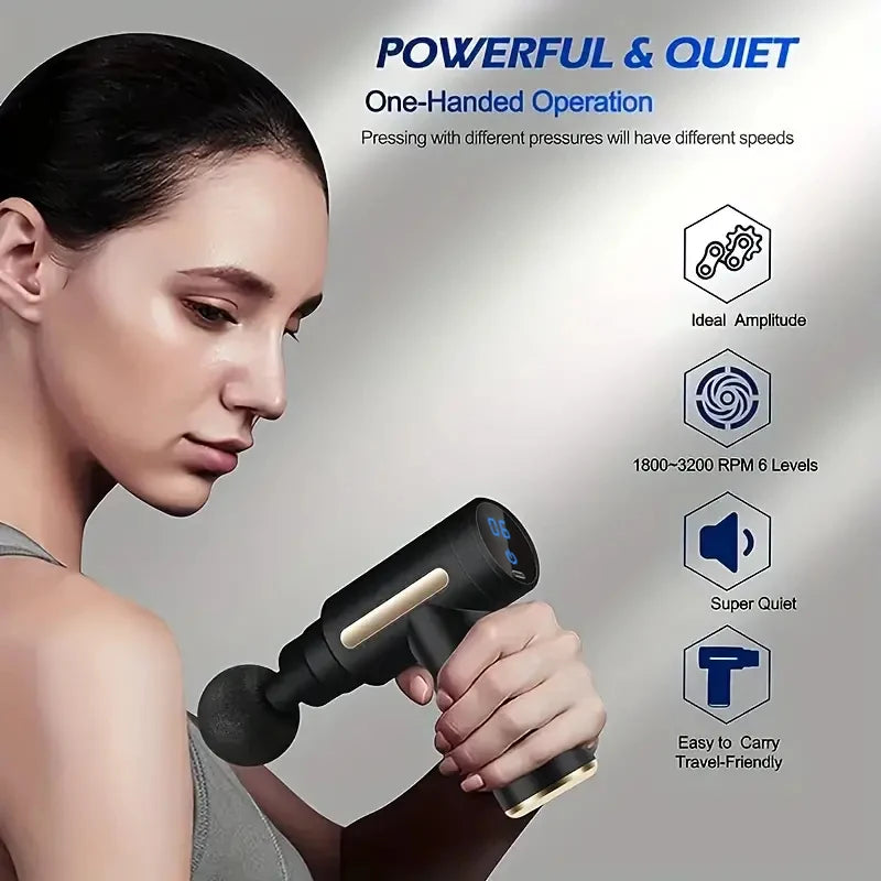 Mini pistola de masaje portátil – Masajeador de percusión con pantalla LED y 4 cabezales intercambiables
