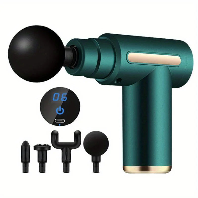 Mini pistola de masaje portátil – Masajeador de percusión con pantalla LED y 4 cabezales intercambiables