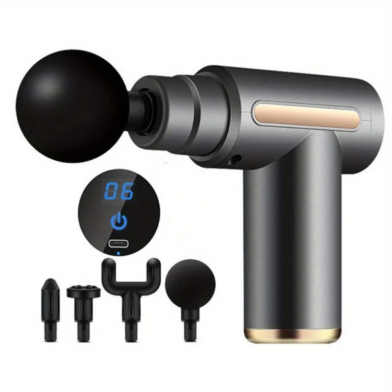 Mini pistola de masaje portátil – Masajeador de percusión con pantalla LED y 4 cabezales intercambiables